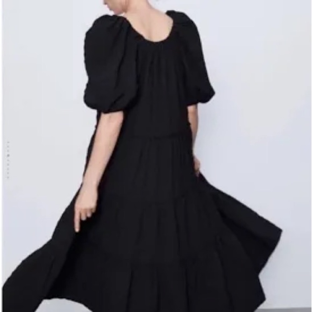 Zara puffy sleeve boat neck ruched maxi dress black size s/m
